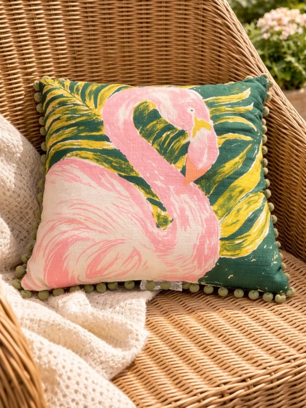Opalhouse 16” Tropical Flamingo Throw Pillow Pom Pom Trim Outdoor Accent